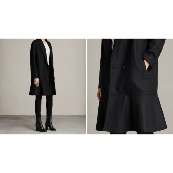 🆕 ALLSAINTS Grace Coat Italian Wool Ruffle Black X-Small - Picture 6 of 13